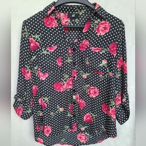 Black and White Polka Dot Button Up Blouse with Pink Roses